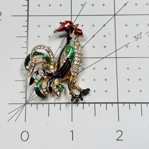 Rooster Chicken Brooch Pin Gold Tone Rhinestones Red Blue Enamel Figural 3D - Picture 2 of 6